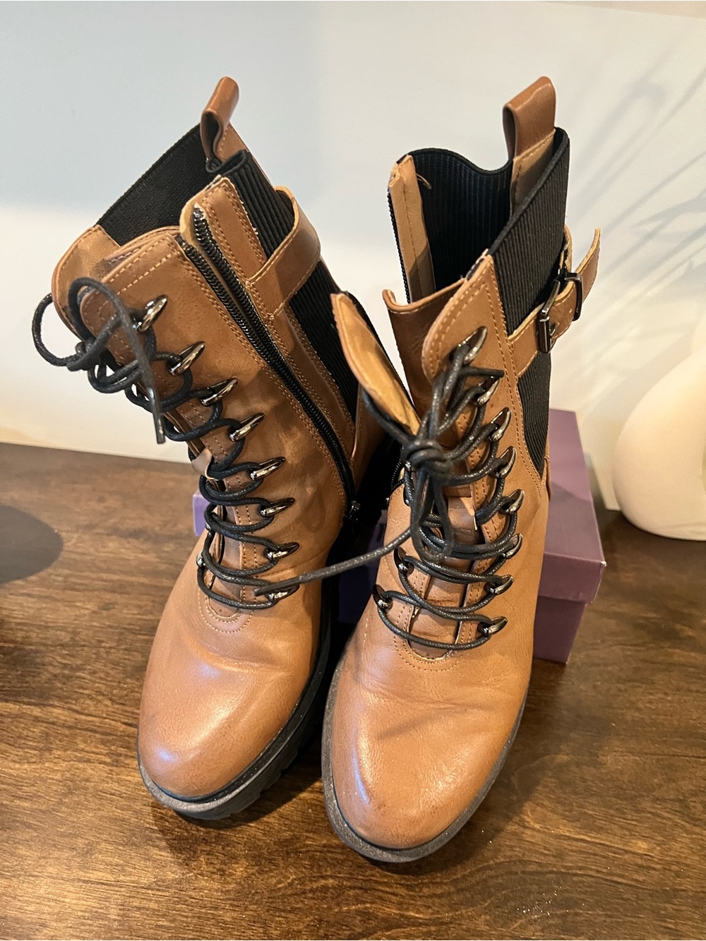 Women's Tan Lace-Up Combat Boots with Buckle Detail